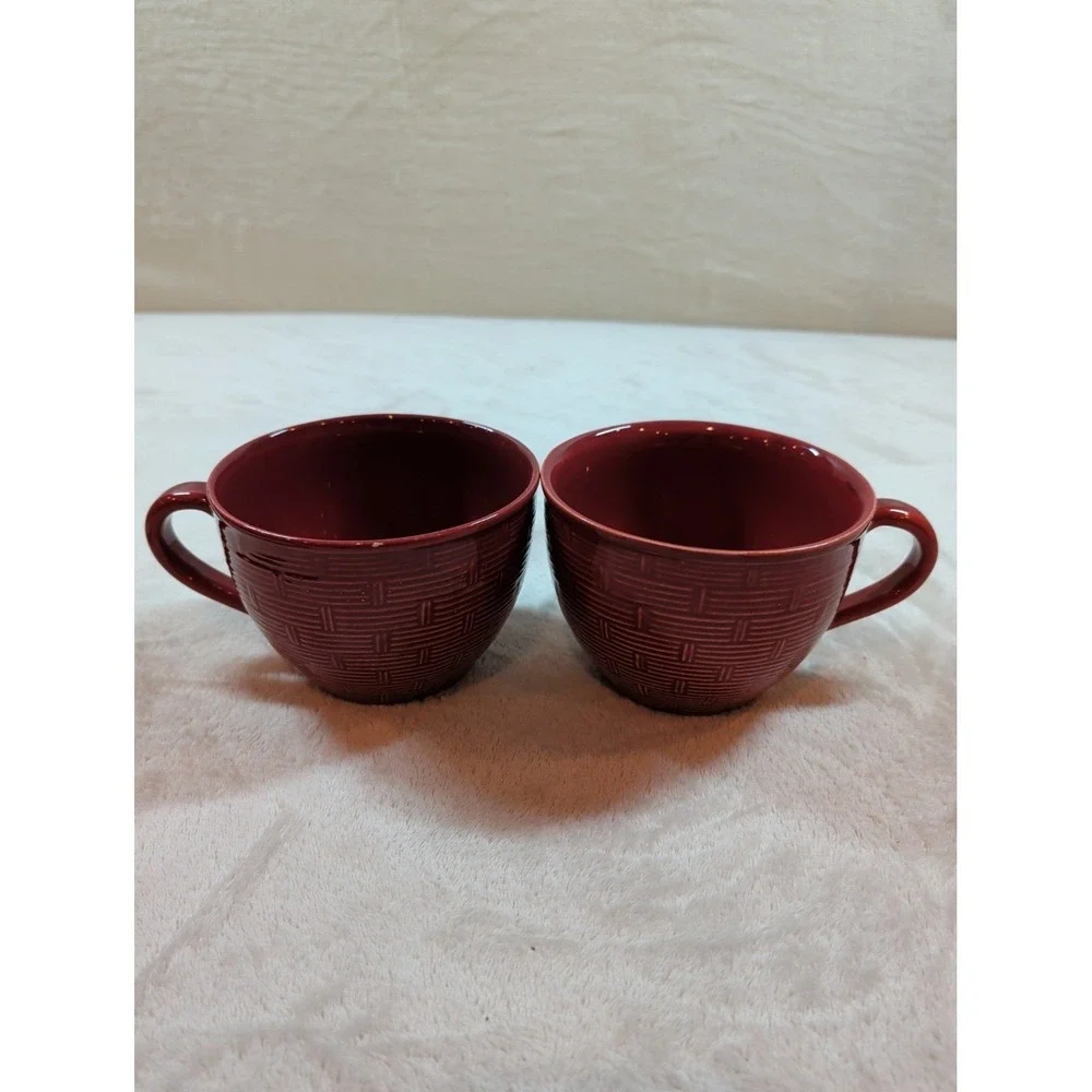 Pier 1 Rattan Weave Red Earthenware Coffee Mugs‎ Set of 2 Burgundy Basketweave